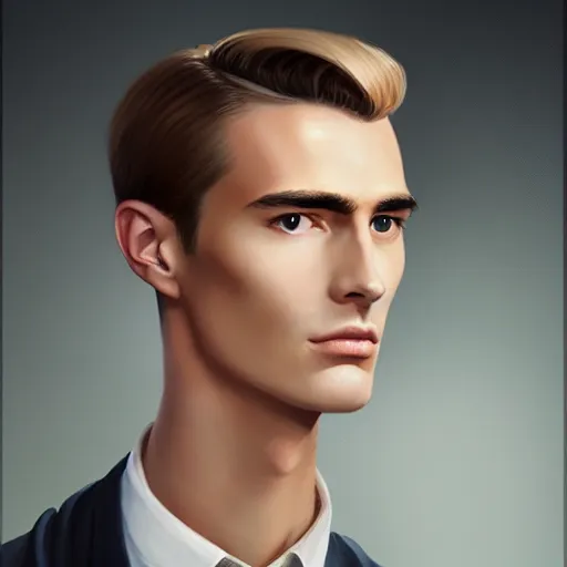 Image similar to tall man in his twenties with brown blond short quiff hair and thin slightly round facial structure with cleft chin, straight eyebrows and prominent nose, good definition of cheekbones, big hazel nut brown eyes, narrow face, slim body, atmospheric lighting, painted, intricate, 4 k, highly detailed by charlie bowater