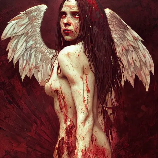 Prompt: portrait of a fallen angel, bloody wings, face covered in dirt and blood, crying, intricate, headshot, highly detailed, digital painting, artstation, concept art, sharp focus, cinematic lighting, illustration, art by artgerm and greg rutkowski, alphonse mucha, cgsociety