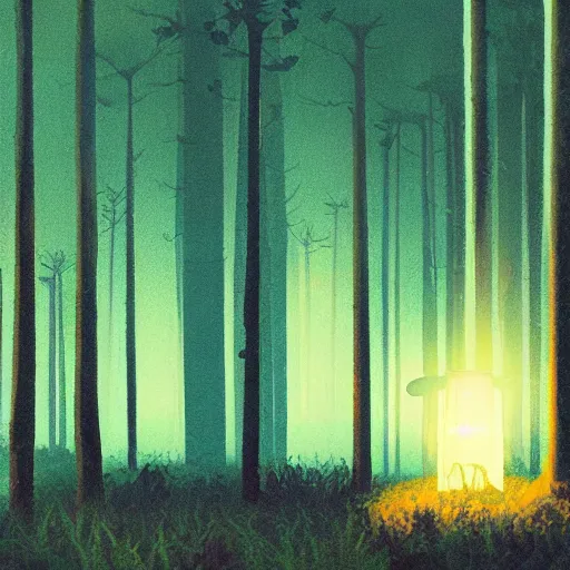 Image similar to forest at night with floating lights, retro science fiction vintage art