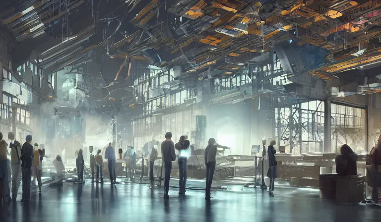 Image similar to group of people in simple warehouse, staring at hologram of futuristic city on a table, cinematic concept art, godrays, golden hour, natural sunlight, 4 k, clear details, tabletop model buildings, center model buildings, hologram center, crane shot, crane shot, crane shot