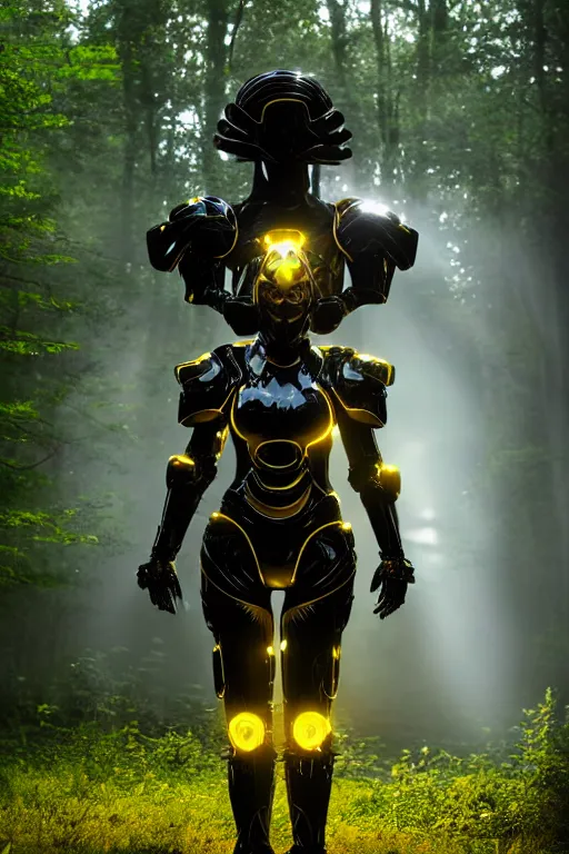 Prompt: hyperrealistic mithra goregous black woman exoskeleton armor in a forest sun behind her concept art eric zener elson peter cinematic side soft yellow light low angle hd 8k sharp shallow depth of field