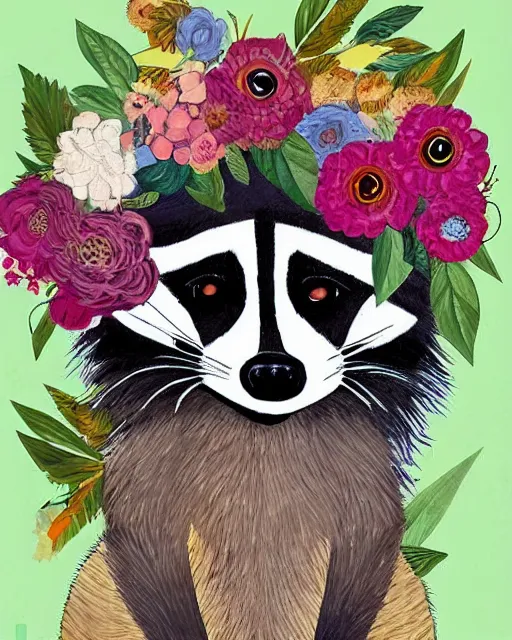 Image similar to a painting of a raccoon wearing a flower crown, a storybook illustration by naomi okubo, pinterest contest winner, furry art, made of flowers, storybook illustration, whimsical, muted colors, white paper background