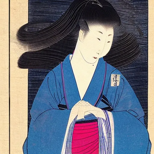 Image similar to by uemura shoen medieval, biopunk relaxed, exciting. painting. a beautiful illustration of a young girl with long flowing hair, looking up at the stars. she appears to be dreaming or lost in thought.