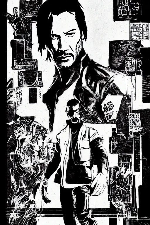 Image similar to keanu reeves, a page from cyberpunk 2 0 2 0, style of paolo parente, style of mike jackson, adam smasher, johnny silverhand, 1 9 9 0 s comic book style, white background, ink drawing, black and white, mid - shot