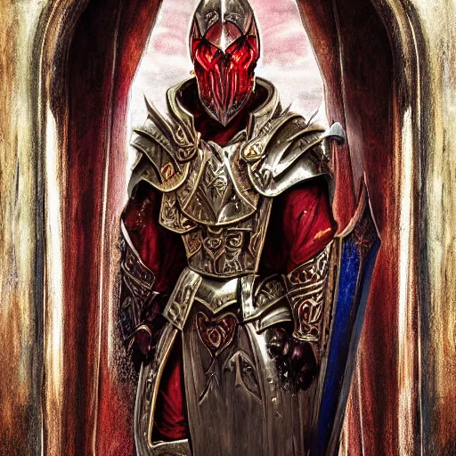 Image similar to blood paladin, fantasy art, located in a castle, legendary armor, red sunlight through the window, decorated, high quality, highly detailed,