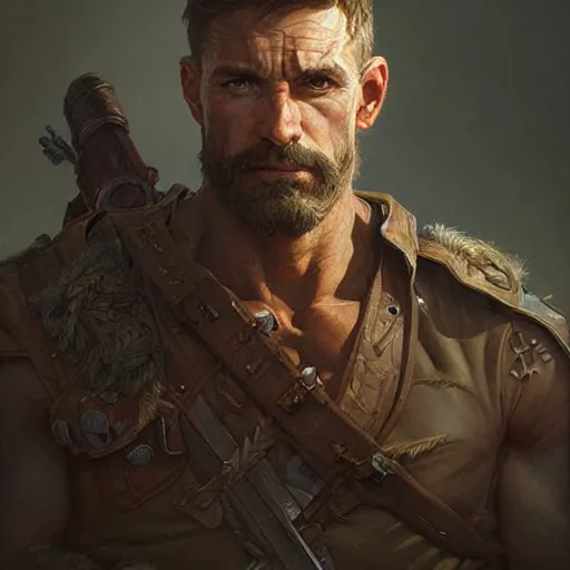 Prompt: portrait of a rugged ranger, muscular, upper body, D&D, fantasy, intricate, elegant, highly detailed, digital painting, artstation, concept art, matte, sharp focus, illustration, art by Artgerm and Greg Rutkowski and Alphonse Mucha