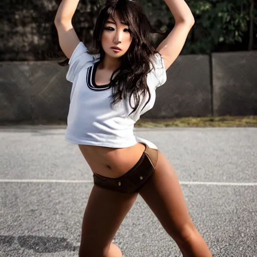 Prompt: “an action photoshoot of akane owari, akane owari danganronpa, top heavy, a toned Japanese young woman with dark tanned skin and wild wavy brown hair in a bob, hazel eyes, athletic fashion photography, sparring, dynamic pose, young and beautiful, white tank top, magazine cover, Japanese facial features, full of energy”