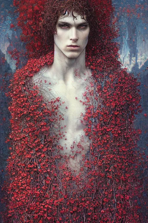 Prompt: portrait of beautiful gothic young man, thunderstorm, cyber armor, a lot of scars, more and more flowers, red head, the middle ages, highly detailed, artstation, illustration, art by jean delville, 8 k quality, art by greg gandy