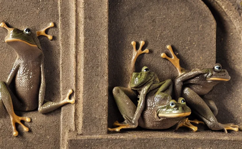 Prompt: happy frogs at a medieval throne castle, highly detailed, extremely high quality, hd, 4 k, 8 k, professional photographer, 4 0 mp, lifelike, top - rated, award winning, cinematic, realistic, detailed lighting, detailed shadows, sharp, no blur, edited, corrected, trending