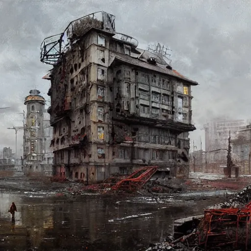 Image similar to painting by jakub rozalski of abandoned post soviet steampunk city