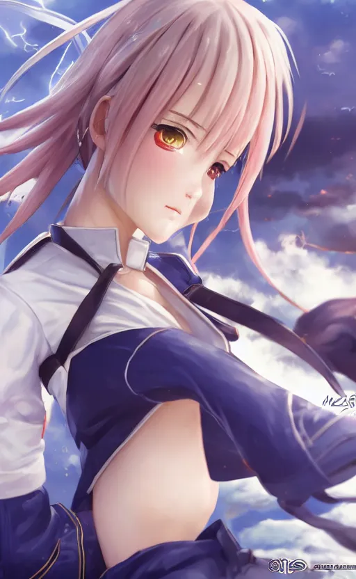 Image similar to highly detailed, character art, octane, stunning, realistic lightning, realistic ocean, characters from azur lane, matte, sharp focus, intricate, 150mm, illustration, artstation, professional digital painting, by masashi kishimoto and yoshihiro togashi, realistic anatomy, smooth, female sailor uniforms, explosions, a single girl in the view