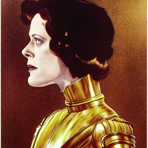 Image similar to portrait by joshua middleton of the young actress, sigourney weaver as ming the merciless, archenemy of flash gordon, saviour of the universe, klimt, mucha, 1 9 7 0 s poster,