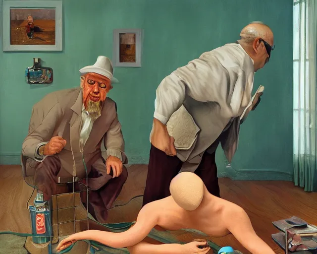 Prompt: the famous snake oil salesman Uncle Aloysius curing a patient of the just'd, painting by Grant Wood, 3D rendering by Beeple, sketch by R. Crumb