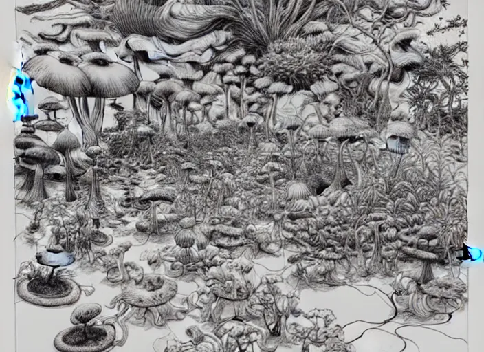 Prompt: surreal line art by kim jung gi!, a lot of jungle flowers and exotic plants + toxic mushrooms + long grass + tall stone + old paper, 5 0's vintage sci - fi style, rule of third!!!!, a computer rendering by ma yuan, featured on pixiv, generative art, painterly, cyanotype