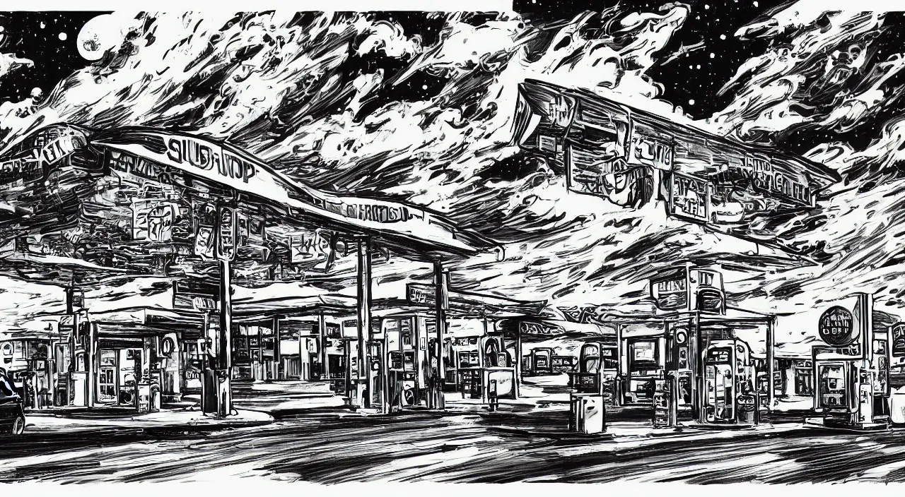 Prompt: gas station roadside south west night stars sky moon beautiful artstation 4 k breathtaking graphic novel concept art illustration cartoon by jack kirby