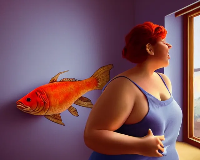 Image similar to an innocent and beautiful scene in hyper realistic style, about an fat old woman painting a huge colorful fish on the wall, lighting from the barred window. shadows. 4 k. wide angle. wild mood. red mouth, blue eyes. deep focus, lovely scene. ambient occlusion render. unreal engine.