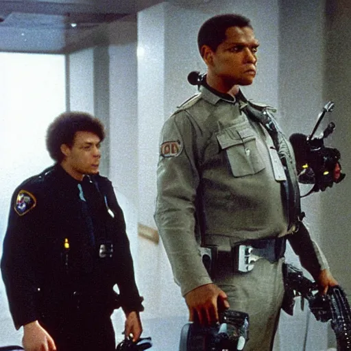 Prompt: Environment = Detroit 1987, only one cop part man part machine can stand up to crime - Cyborg Cop, Character = Cyborg Cop who is a cybernetic organism part human part machine, all justice, Style = Ultra Realistic, VHS film, Total Recall, Das Boot, Starship Troopers, cinematography by Jost Vacano, Composure = Establishing shot, Exterior Shot, Cinematic Film, 4k