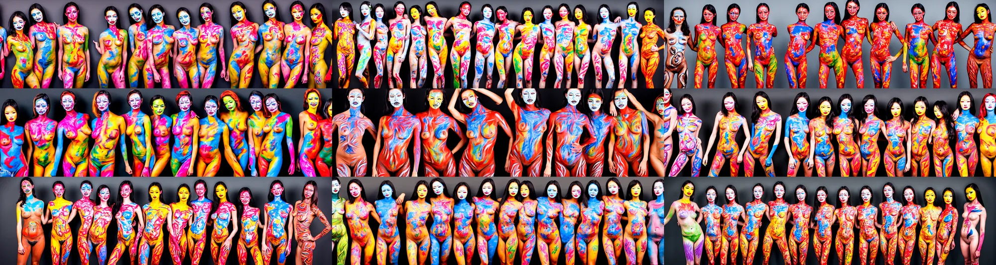 Prompt: photograph of bodypainted models in the style of mimi choi