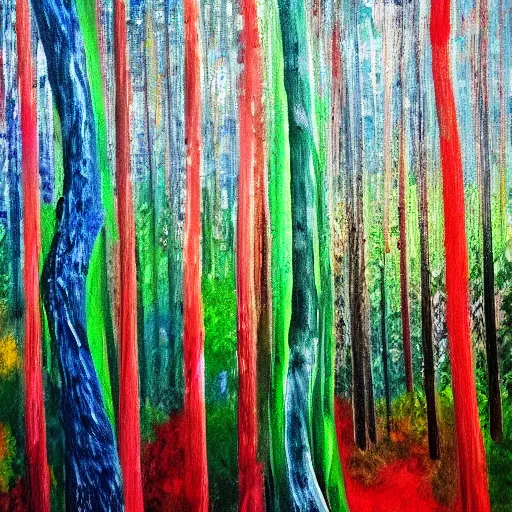 Prompt: paint drip of a forest with green, blue, red tree trunks. acrylic of canvas, impressionist painting