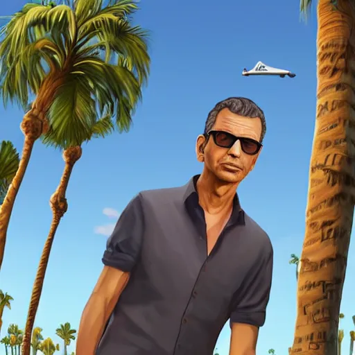 Image similar to Jeff Goldblum in GTA v. Los Santos in the background, palm trees. In the art style of Stephen Bliss