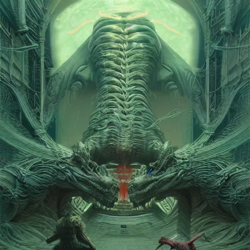 Image similar to dragon, neon, they are watching, RGB, glowing wires everywhere, pristine, by Edgar Maxence and Ross Tran, Zdzisław Beksiński, and Michael Whelan, distant, gustav dore, H.R. Giger, 8k, octane render