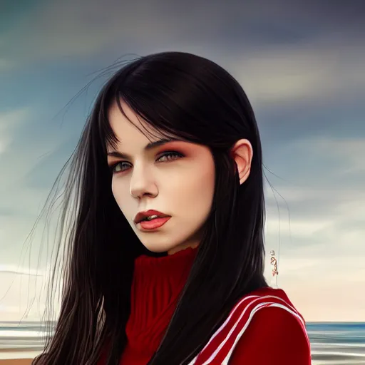 Image similar to woman with long dark black hair wearing red clothing standing by the beach, beautiful, 8k, highly detailed, realistic, artgerm, sakimichan, rutkowski, trending on artstation, perfect face, portrait, high contrast, golden light, dramatic lighting,