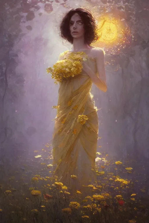 Image similar to a stunning elegant girl made of flowers and golden silks. ethereal horror fantasy art by greg rutkowski and magali villanueve and monet, concept art, smooth, cinematic lighting, 8 k resolution