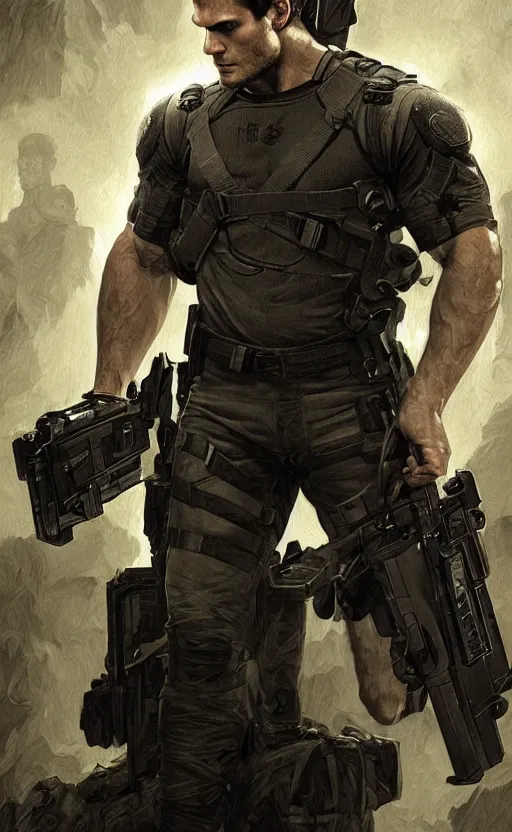 Image similar to portrait of henry cavill as chris redfield, resident evil, pistol, upper body, short sleeve, fantasy, intricate, elegant, highly detailed, digital painting, artstation, concept art, smooth, sharp focus, illustration, art by artgerm and greg rutkowski and alphonse mucha