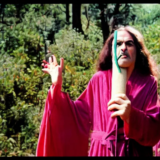 Image similar to 1970 hippie woman on tv show with a long prosthetic inflatable nose, big nostrils, wearing a robe on the hillside 1970 color archival footage color film 16mm holding a hand puppet Fellini Almodovar John Waters Russ Meyer Doris Wishman