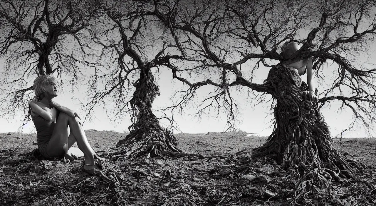 Image similar to 65-year-old woman merged with a tree, crying one single tear, facing the camera and sitting on a dried up river in a desolate land, blue sky, hot and sunny, highly-detailed, elegant, dramatic lighting, artstation, 4k, cinematic landscape, photograph by Elisabeth Gadd