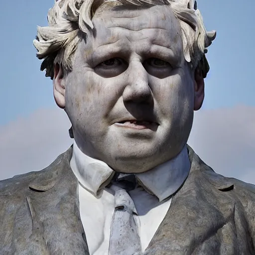 Image similar to a marble sculpture of a giant corpulent boris johnson standing astride the british isles on fire