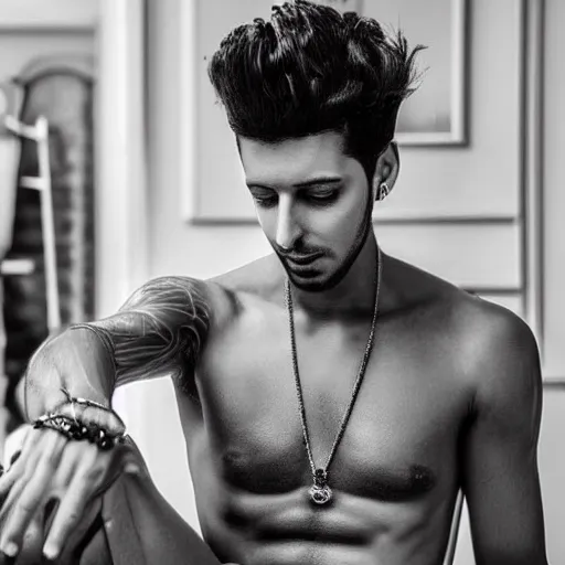 Image similar to a realistic detailed photo of a guy who is an attractive humanoid who is half robot and half humanoid, who is a male android, singer sebastian yatra, shiny skin, posing like a statue, blank stare, in a living room, on display, showing off his muscles