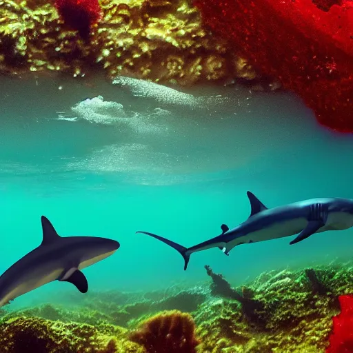 Image similar to hyperrealistic underwater photography, panoramic picture of an ocean floor with in the distance are some hammerhead sharks. focus on the sharks. the sharks are anatomically correct and highly detailed. lots of bubbles. seaweed and some rocks. gloomy scattered light entering from the water surface, trending on artstation, hq, 8 k