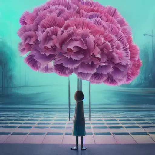 Image similar to giant carnation flower head, woman standing in metro station, surreal photography, dramatic light, impressionist painting, digital painting, artstation, simon stalenhag