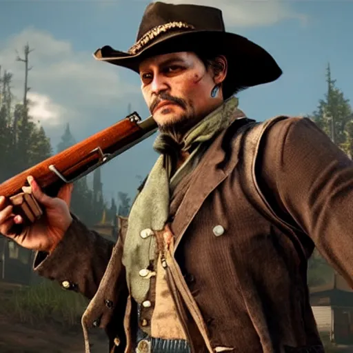 Image similar to johnny depp holding a shotgun in rdr 2, highly detailed