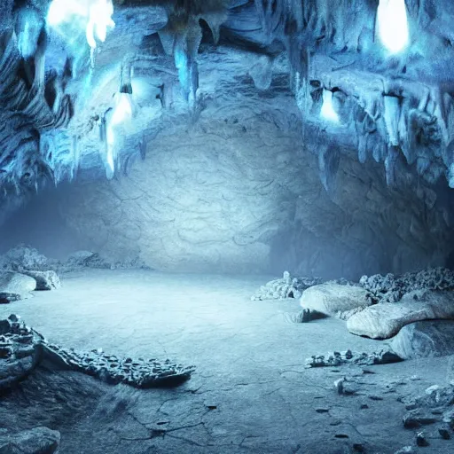 Image similar to beautiful matte painting of a cave with glowing crystals on the walls and bone piles on the floor, fantasy, sharp focus