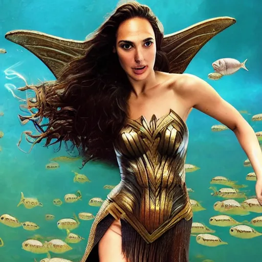 Prompt: Full body photo of the beautiful woman Gal Gadot as a siren, she is swimming under the sea, she is leading a variety of school of fish, she has a glow coming from her, she is getting illuminated for rays of light that cross the sea, the photo was taking by Annie Leibovitz, matte painting, oil painting, naturalism, 4k, 8k
