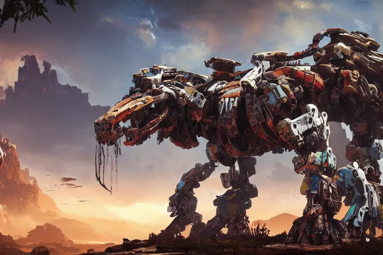 Image similar to thunderjaw machine mecha animal beast robot of horizon forbidden west horizon zero dawn bioluminiscence global illumination ray tracing hdr fanart arstation by sung choi and eric pfeiffer and gabriel garza and casper konefal