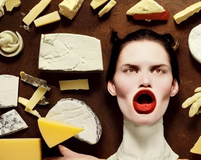 Image similar to incredible strange absurd closeup artwork of androids tasting cheese, finding it very weird but yet tasteful at the same time, weird tasting ritual of cheese products in the style of tim walker fashion photography, also some soft cheese