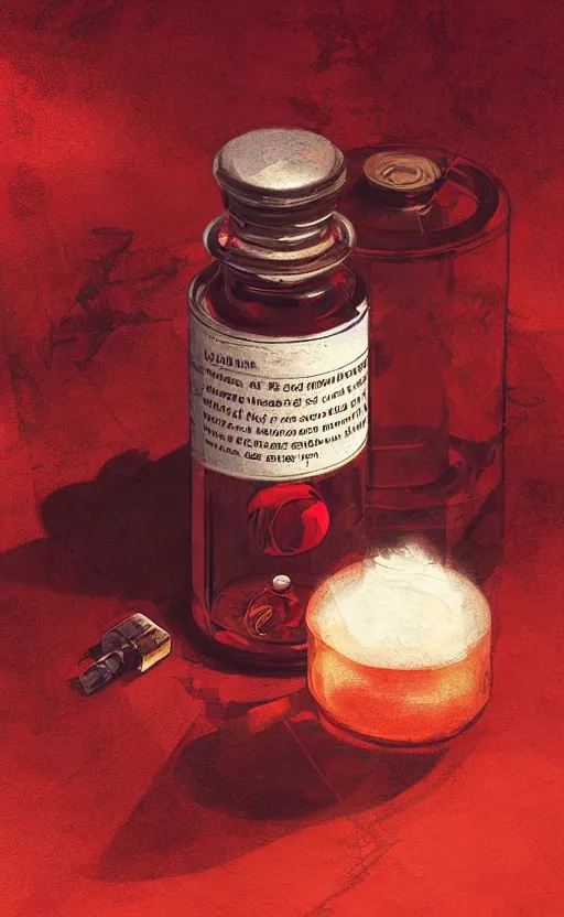 Prompt: a beautiful painting illustration of a stylized health potion on a wooden table, scratched vial, high contrast, crimson, by greg rutkowski, featured on artstation, rpg item