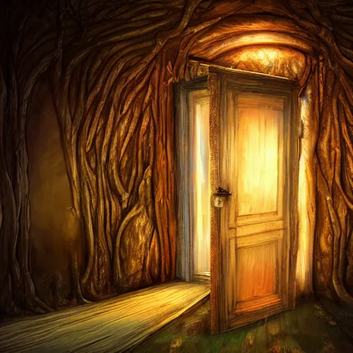 Prompt: a massive door to another world made out of wood, fantasy, digital art, 4 k