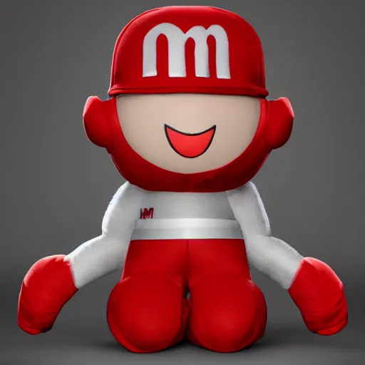 Image similar to eminem as the red m character standing on a floor coverd with m & m candies, round red m & m figure, m & m mascot, m & m figure, m & m plush, m & m candy dispenser, unreal engine, studio lighting, figurine, unreal engine, volumetric lighting, artstation, cosplay, by hans bellmer