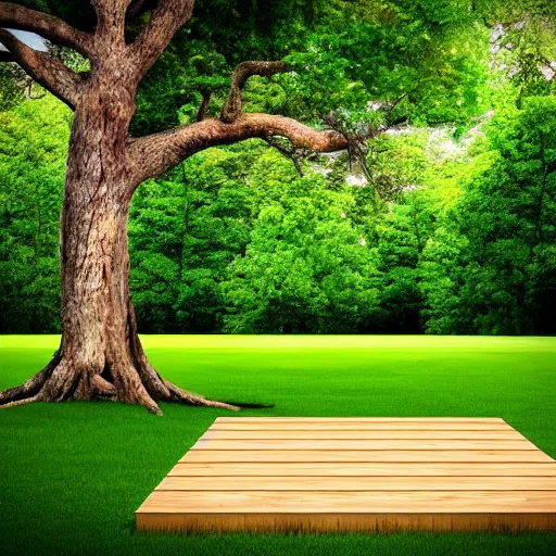 Image similar to square wooden platform built around a tree, realistic, photo,