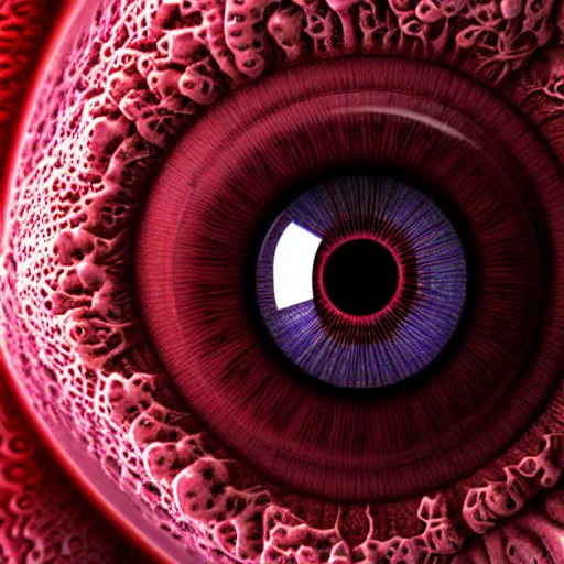 Image similar to a detailed extremely close up of inside the iris, cornea, red image, microscopic, extremely close up drawing by junji ito, cgsociety, generative art, lovecraftian, parallax, cosmic horror, extremely detailed, hyperrealism, unreal engine, octane render, award winning, masterpiece, highly detailed, realistic, 4 k, digital