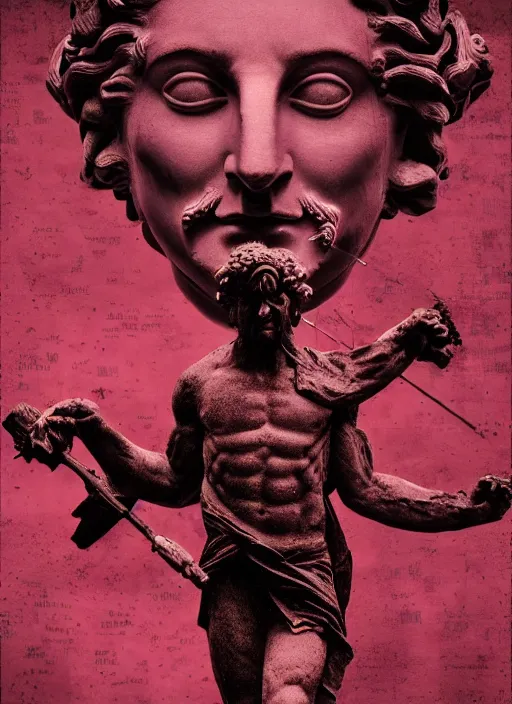 Image similar to dark design poster showing a statue of dionysus, mostly monochromatic, black background with very subtle red and purple design elements, powerful, nekro, vito acconci, thin straight lines, dark, glitch art, neo vaporwave, gritty, layout frame, square, trending on artstation