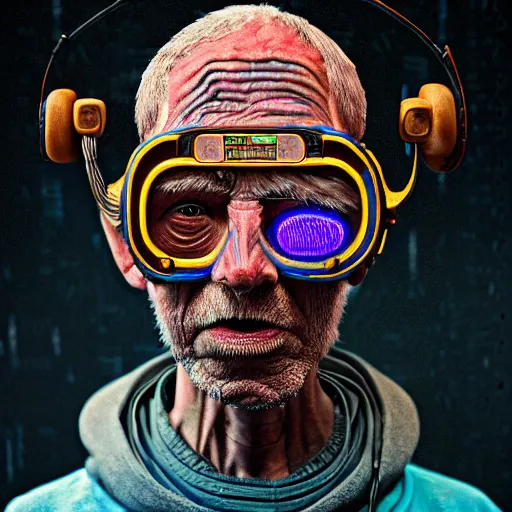 Image similar to Colour Photography of 1000 years old man with highly detailed 1000 years old face wearing higly detailed cyberpunk VR Headset designed by Josan Gonzalez Many details. Man eating higly detailed hot-dog. In style of Josan Gonzalez and Mike Winkelmann andgreg rutkowski and alphonse muchaand Caspar David Friedrich and Stephen Hickman and James Gurney and Hiromasa Ogura. Rendered in Blender
