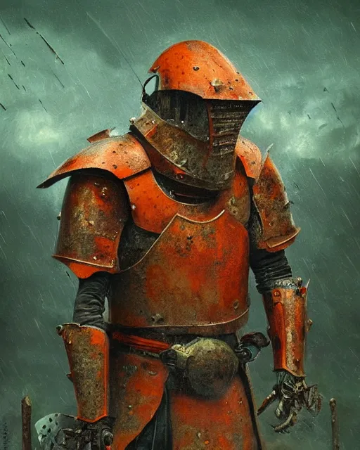 Image similar to Hyper realistic painting of a knight in a rusted full plate armor, green and orange rust, hyper detailed, thunderstorm, midnight, volumetric lighting, creepy atmosphere, by greg rutkowski