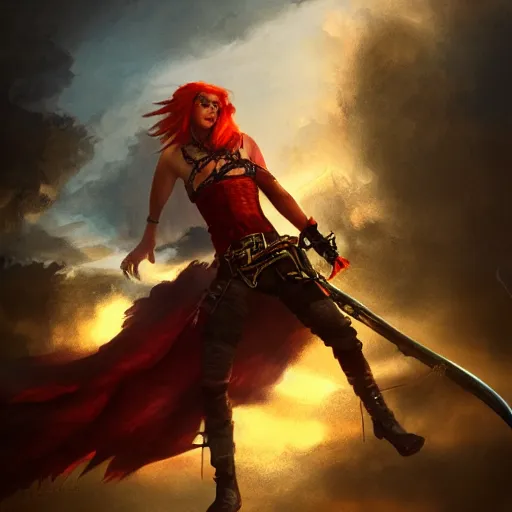 Image similar to A red headed sky-pirate with pistol and sword, epic fantasy, dreamscape maximized, cinematic lighting, fantasy art illustration, trending on Artstation