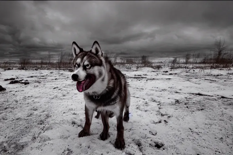 Prompt: an award winning photograph of a very angry red husky, drooling, looking away from the camera. the whole husky is visible in frame. anatomically correct husky. polar setting, horror eyes, wasteland background, ominous sky. octane render, extreme detail, volumetric lighting, 8 k