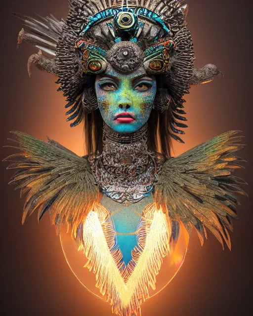 Image similar to 3 d warrior goddess medium shot portrait. beautiful hyperrealistic intricate highly detailed magpie helm and richly embroidered blouse, quetzalcoatl, bioluminescent, curious, kintsugi, plasma, lava, ice, feather, artwork by tooth wu and wlop and chiara bautista, octane 3 d render